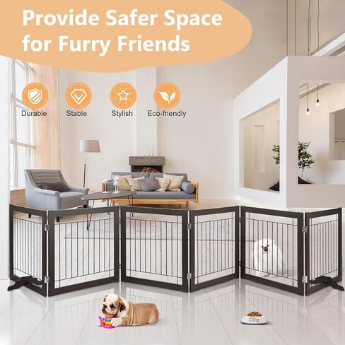 BOEASTER Freestanding Dog Gate 146" Extra Wide Wooden Indoor Pet Gate Stairs Expandable Decorative Wooden Fence Indoor Gate Safety for Doorways and House, Stairs for Small Medium Pets in Kuwait