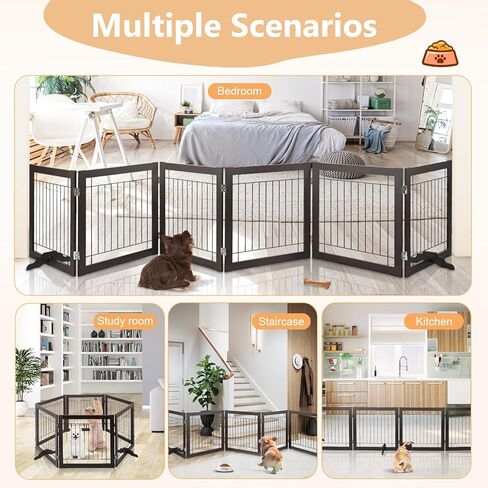 BOEASTER Freestanding Dog Gate 146" Extra Wide Wooden Indoor Pet Gate Stairs Expandable Decorative Wooden Fence Indoor Gate Safety for Doorways and House, Stairs for Small Medium Pets in Kuwait