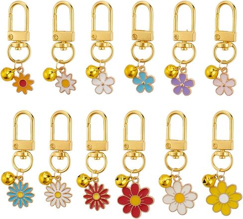 DELORIGIN 12pcs Enamel Cat Collar Bells, Daisy Flower Jewelry Bell Charms with Swivel Clasps Colorful Collar Pendants with Bells for Dog Cat Necklace Pet Ornament Training Keychains DIY Crafts, Metal, in Saudi Arabia