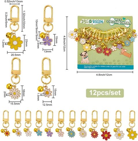 DELORIGIN 12pcs Enamel Cat Collar Bells, Daisy Flower Jewelry Bell Charms with Swivel Clasps Colorful Collar Pendants with Bells for Dog Cat Necklace Pet Ornament Training Keychains DIY Crafts, Metal, in Saudi Arabia