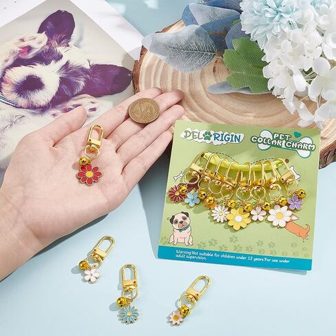 DELORIGIN 12pcs Enamel Cat Collar Bells, Daisy Flower Jewelry Bell Charms with Swivel Clasps Colorful Collar Pendants with Bells for Dog Cat Necklace Pet Ornament Training Keychains DIY Crafts, Metal, in Saudi Arabia
