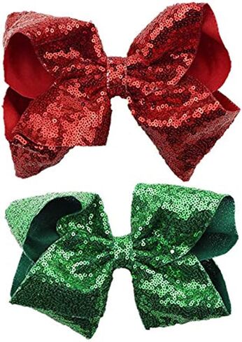 FREEZH Party Hair Bows Clips 2Pcs Large Bling Sparkly Glitter Sequins Alligator Nylon Mesh Ribbon Bowknot Hairpins For Women Girls Kids Christmas Red Green, 2 Count (Pack of 1) in Saudi Arabia