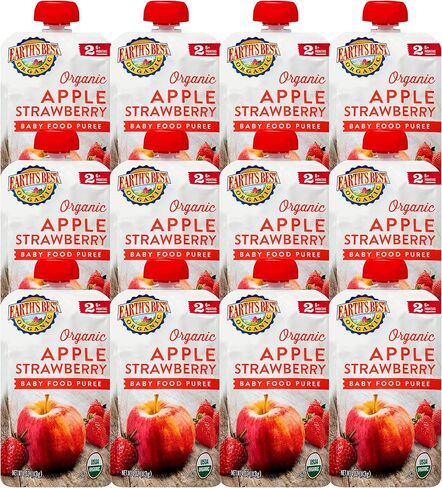 أكياس أغذية الأطفال العضوية من Earth's Best، هريس الفاكهة للمرحلة 2 للأطفال بعمر 6 أشهر فما فوق، هريس الفراولة والتفاح العضوي، كيس قابل للإغلاق سعة 118 مل (عبوة من 12 قطعة) in Kuwait