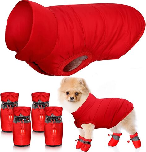 Winter Puppy Dog Coat and 4 Pieces Waterproof Dog Shoes Warm Dog Jacket Waterproof Windproof Pet Clothes Snowsuit Warm Fleece Lining Padded Pet Clothes Dog Adjustable Shoes for Small Pet Dogs Cat in Saudi Arabia