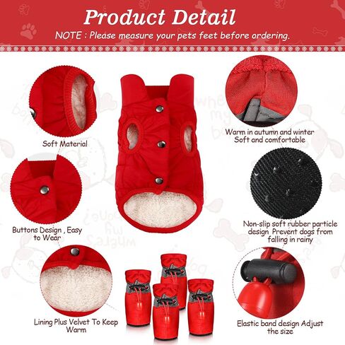 Winter Puppy Dog Coat and 4 Pieces Waterproof Dog Shoes Warm Dog Jacket Waterproof Windproof Pet Clothes Snowsuit Warm Fleece Lining Padded Pet Clothes Dog Adjustable Shoes for Small Pet Dogs Cat in Saudi Arabia