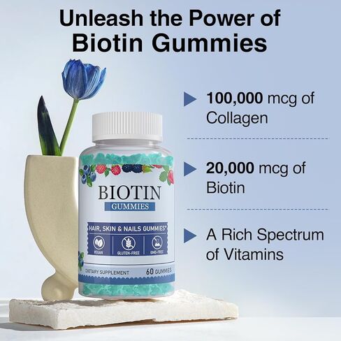 علكات البيوتين مع 20.000 ميكروجرام، علكة البيوتين للشعر والبشرة والأظافر الصحية - 100.000 ميكروجرام من الكولاجين المكمل لنمو الشعر للنساء والرجال - علكات فيتامين مع البيوتين (فيتامين ب7) - 120 قطعة (عبوتان) in Kuwait