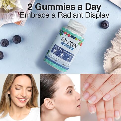 علكات البيوتين مع 20.000 ميكروجرام، علكة البيوتين للشعر والبشرة والأظافر الصحية - 100.000 ميكروجرام من الكولاجين المكمل لنمو الشعر للنساء والرجال - علكات فيتامين مع البيوتين (فيتامين ب7) - 120 قطعة (عبوتان) in Kuwait