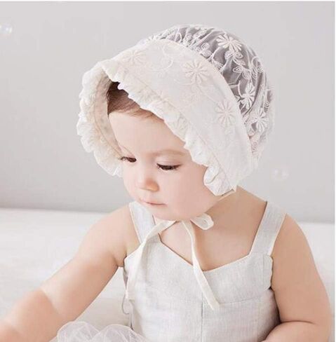 Baby Girl Toddlers Breathable Lacy Bonnet Eyelet Cotton Adjustable Sun Protection Hat in Saudi Arabia