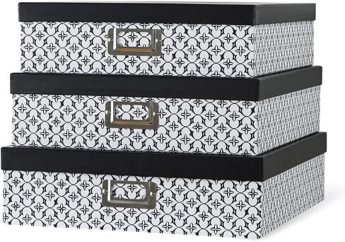 Soul & Lane Black and White Decorative Storage Boxes with Lids for Organizing - Set of 3, Modern Trellis Jumbo Scrapbook Storage Boxes, Document and Letter Boxes for Keepsakes, Memory Boxes in Kuwait