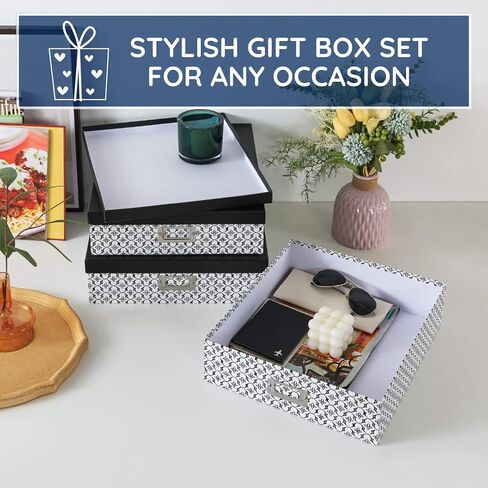 Soul & Lane Black and White Decorative Storage Boxes with Lids for Organizing - Set of 3, Modern Trellis Jumbo Scrapbook Storage Boxes, Document and Letter Boxes for Keepsakes, Memory Boxes in Kuwait