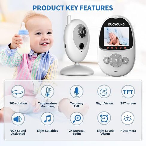 جهاز مراقبة الأطفال DUOYOUNG مع كاميرا وفيديو صوتي لمراقبة الأطفال بدون WiFi 2.4 بوصة مع دوارة إمالة، وضع VOX، رؤية ليلية، محادثة ثنائية الاتجاه، تذكير للتغذية، درجة الحرارة، تهويدة، نطاق 1000 قدم in Kuwait