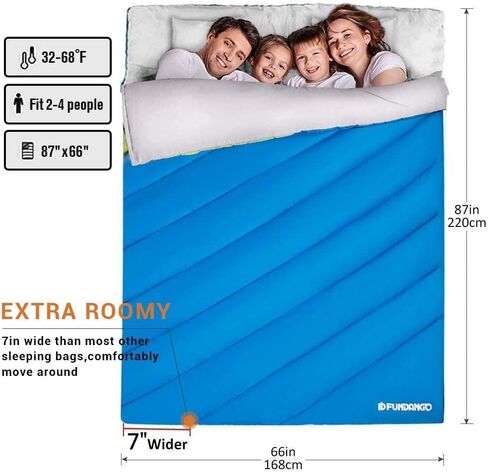 FUNDANGO 3-in-1 XL Queen Double 2 Person Sleeping Bag with 2 Pillows for Family, Couple, Adult, Oversize Lightweight Waterproof Warm Weather Sleeping Bag for Camping, Hiking, Backpacking in Kuwait
