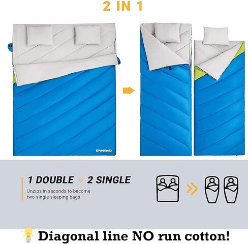 FUNDANGO 3-in-1 XL Queen Double 2 Person Sleeping Bag with 2 Pillows for Family, Couple, Adult, Oversize Lightweight Waterproof Warm Weather Sleeping Bag for Camping, Hiking, Backpacking in Kuwait