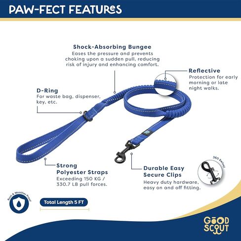Good Scout Heavy Duty Bungee Leash, Walking & Training Leash for Puppies & Adult Dogs, Blue, Large in Kuwait