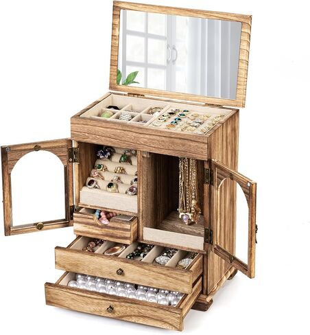ميراتينو صندوق مجوهرات للنساء، صناديق مجوهرات خشبية ريفية ومنظمات مع مراة، 4 طبقات تخزين مجوهرات للبنات للخواتم والاقراط والقلائد والاساور هدية الكريسماس ورأس السنة الجديدة in Kuwait