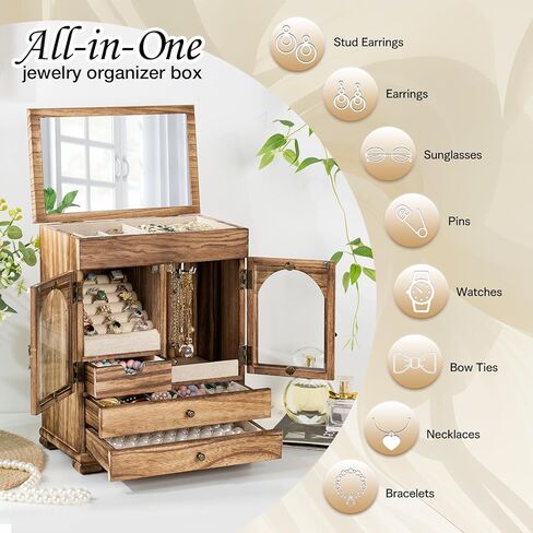 ميراتينو صندوق مجوهرات للنساء، صناديق مجوهرات خشبية ريفية ومنظمات مع مراة، 4 طبقات تخزين مجوهرات للبنات للخواتم والاقراط والقلائد والاساور هدية الكريسماس ورأس السنة الجديدة in Kuwait