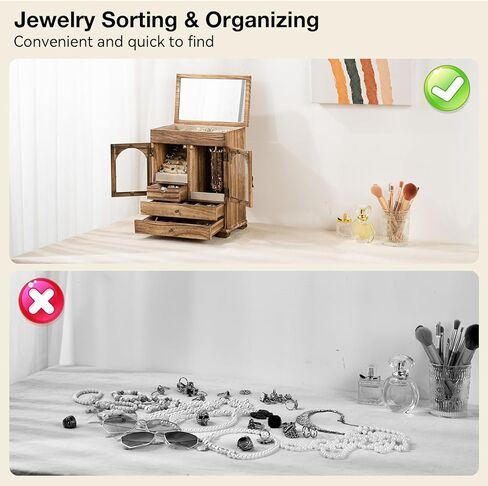 ميراتينو صندوق مجوهرات للنساء، صناديق مجوهرات خشبية ريفية ومنظمات مع مراة، 4 طبقات تخزين مجوهرات للبنات للخواتم والاقراط والقلائد والاساور هدية الكريسماس ورأس السنة الجديدة in Kuwait