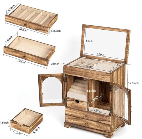 ميراتينو صندوق مجوهرات للنساء، صناديق مجوهرات خشبية ريفية ومنظمات مع مراة، 4 طبقات تخزين مجوهرات للبنات للخواتم والاقراط والقلائد والاساور هدية الكريسماس ورأس السنة الجديدة in Kuwait