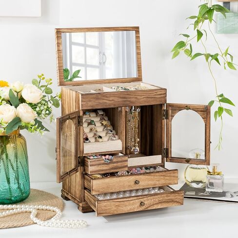 ميراتينو صندوق مجوهرات للنساء، صناديق مجوهرات خشبية ريفية ومنظمات مع مراة، 4 طبقات تخزين مجوهرات للبنات للخواتم والاقراط والقلائد والاساور هدية الكريسماس ورأس السنة الجديدة in Kuwait