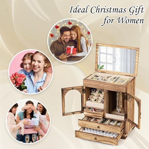 ميراتينو صندوق مجوهرات للنساء، صناديق مجوهرات خشبية ريفية ومنظمات مع مراة، 4 طبقات تخزين مجوهرات للبنات للخواتم والاقراط والقلائد والاساور هدية الكريسماس ورأس السنة الجديدة in Kuwait