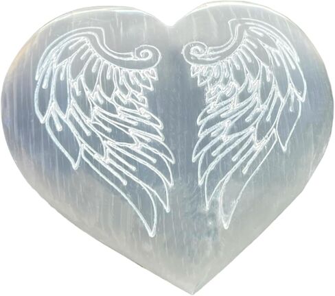 أجنحة ملاك القلب المنقوشة من Xen Minerals Selenite - قلوب وأحجار كريستالية أصلية للشفاء وتوازن الشاكرا، بلورات وصخور على شكل قلب، أحجار كريمة بيضاء شفافة صغيرة مقاس 7.62 سم ​​هالة صحية هادئة in Kuwait