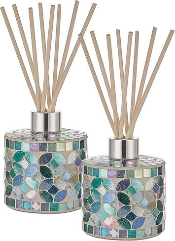 7.3oz Decorative Vertical Mosaic Glass Reed Diffuser Bottle Set with Silver Caps & 16pcs Natural Feed Sticks-Set of 2 - Ideal for Home Fragrance, Bathroom Decoration, Accent (Blue) in Kuwait