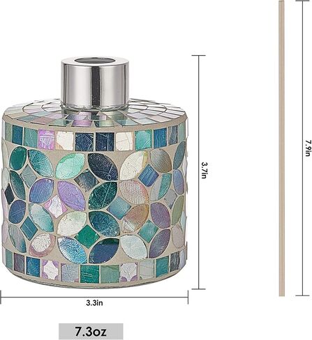7.3oz Decorative Vertical Mosaic Glass Reed Diffuser Bottle Set with Silver Caps & 16pcs Natural Feed Sticks-Set of 2 - Ideal for Home Fragrance, Bathroom Decoration, Accent (Blue) in Kuwait