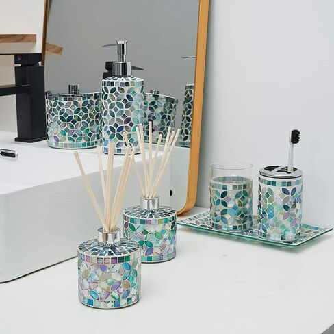 7.3oz Decorative Vertical Mosaic Glass Reed Diffuser Bottle Set with Silver Caps & 16pcs Natural Feed Sticks-Set of 2 - Ideal for Home Fragrance, Bathroom Decoration, Accent (Blue) in Kuwait