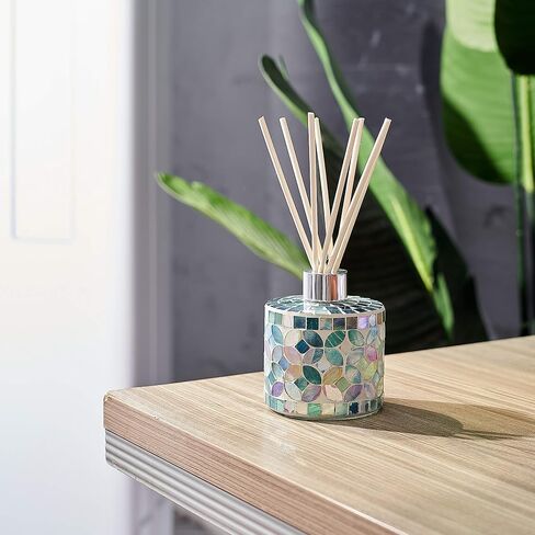 7.3oz Decorative Vertical Mosaic Glass Reed Diffuser Bottle Set with Silver Caps & 16pcs Natural Feed Sticks-Set of 2 - Ideal for Home Fragrance, Bathroom Decoration, Accent (Blue) in Kuwait