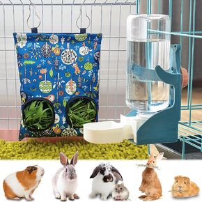 Kenond Rabbit Hay Feeder Water Dispenser Set, Hanging Guinea Pig Hay Feeder Bag Water Bowl for Cage, Rabbit Cage Accessories, Automatic Small Pets Hay Water Dispenser Storage Bag for Bunny Hamsters in Kuwait