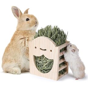 JanYoo Rabbit Hay Feeder,Natural Wooden Hay Holder for Guinea Pigs Bunny Cage Rabbit Hay Dispenser Hanging Standing
