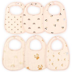 Mom Beebi 6 Pack Muslin Bibs, 100% Cotton Muslin Baby Bibs for Boys & Girls, Unisex Soft & Absorbent Multi-Layer Baby Bibs for Drooling and Teething in Kuwait