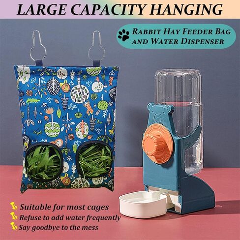 Kenond Rabbit Hay Feeder Water Dispenser Set, Hanging Guinea Pig Hay Feeder Bag Water Bowl for Cage, Rabbit Cage Accessories, Automatic Small Pets Hay Water Dispenser Storage Bag for Bunny Hamsters in Kuwait