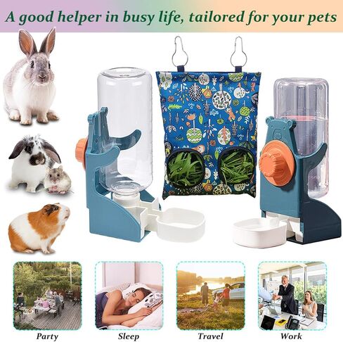 Kenond Rabbit Hay Feeder Water Dispenser Set, Hanging Guinea Pig Hay Feeder Bag Water Bowl for Cage, Rabbit Cage Accessories, Automatic Small Pets Hay Water Dispenser Storage Bag for Bunny Hamsters in Kuwait