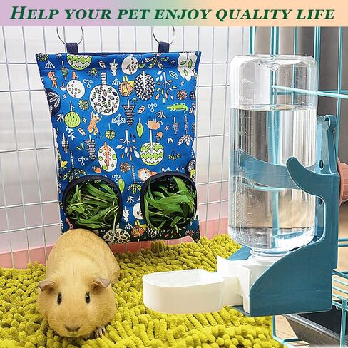 Kenond Rabbit Hay Feeder Water Dispenser Set, Hanging Guinea Pig Hay Feeder Bag Water Bowl for Cage, Rabbit Cage Accessories, Automatic Small Pets Hay Water Dispenser Storage Bag for Bunny Hamsters in Kuwait