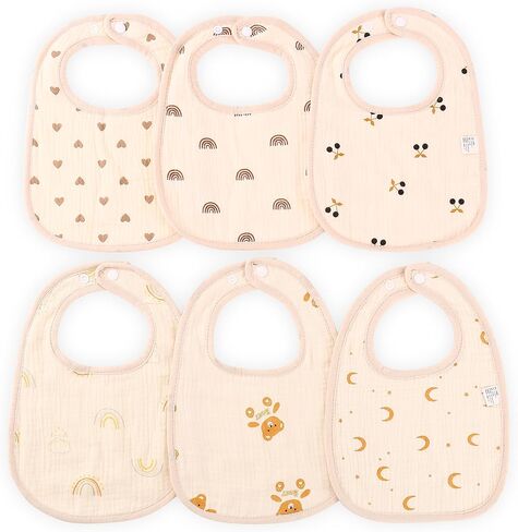 Mom Beebi 6 Pack Muslin Bibs, 100% Cotton Muslin Baby Bibs for Boys & Girls, Unisex Soft & Absorbent Multi-Layer Baby Bibs for Drooling and Teething in Kuwait