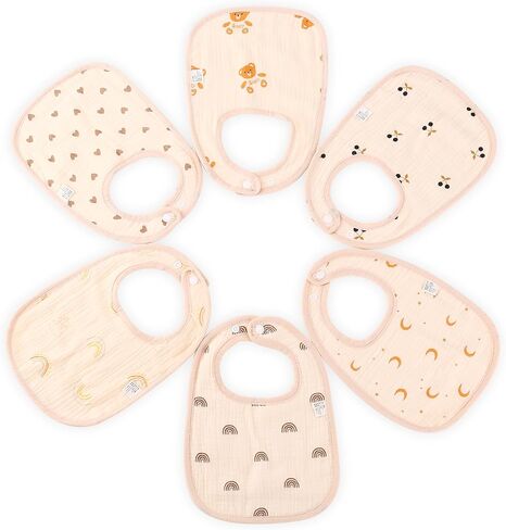 Mom Beebi 6 Pack Muslin Bibs, 100% Cotton Muslin Baby Bibs for Boys & Girls, Unisex Soft & Absorbent Multi-Layer Baby Bibs for Drooling and Teething in Kuwait
