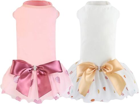 قطعتان من فستان توتو للكلاب الصغيرة والفتيات، تنورة مموجة للجراء مع عقدة على شكل فيونكة ملابس للحيوانات الأليفة لحفلات الزفاف وأعياد الميلاد (White02+Pink02، صغير) in Kuwait