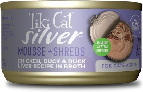 Tiki Cat Silver Comfort Mousse + Shreds, Chicken & Duck and Duck Liver, Immune System Support Formulated for Older Cats Aged 11+, Senior Wet Cat Food, 2.4 oz Cans (Pack of 12) in Saudi Arabia