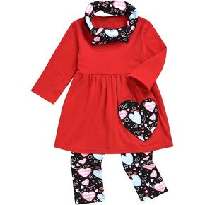 Toddler Baby Girl Valentine's Day Outfit Heart Print Long Sleeve T-Shirt Tops+Pants with Scarf Clothes Sets in Kuwait