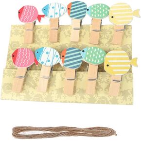 Vpang 50 Pcs Cute Mini Wooden Cartoon Design Pegs Clips Card Photo Holder Clothespins Wedding Decorations with Jute Rope (Shell)