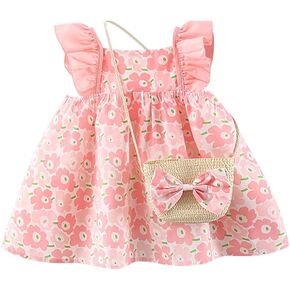 Baby Girl Tutu Summer Dress Sleeveless Casual Floral Backless Princess Dresses Swing Sundress Skirt with Straw Hat Beachwear in Kuwait