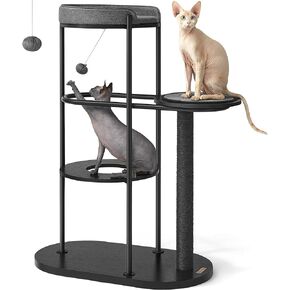 فياندريا شجرة قطط عصرية، برج قطط، انبوب ستيل ولوح حبيبي، منصة مع وسادة، عمود خدش للقطط من السيزال، كرة معلقة من القطن والكتان، 31 × 17 × 44 انش، اسود كلاسيكي UPCT117B01 in Kuwait