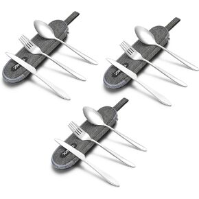 أدوات محمولة، مجموعة أدوات مائدة للتخييم أثناء السفر، مجموعة أدوات مائدة محمولة من الفولاذ المقاوم للصدأ، مجموعة أدوات طعام فضية للسفر مع علبة مقاومة للماء (3 مجموعات فضية) in Kuwait