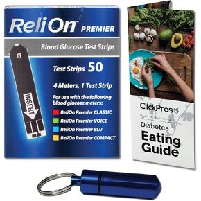 ريلاون ريلي أون شرائط اختبار جلوكوز الدم الممتازة، حزمة 50 قيراط تتضمن "دليل تناول الطعام لمرضى السكري" الحصري من ClickPros وحاوية حبوب منع الحمل المحمولة (3 عناصر)! in Kuwait