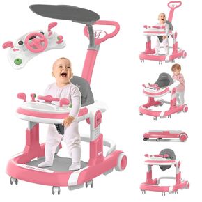 Baby Walker, 5-in-1 Foldable Baby Walker with Wheels, Music, 4-Height Baby Toddler Walker with Push Handle, Activity Center, Food Tray, Sunshade, Baby Walkers for Babies 6-12 Months Boys Girls
