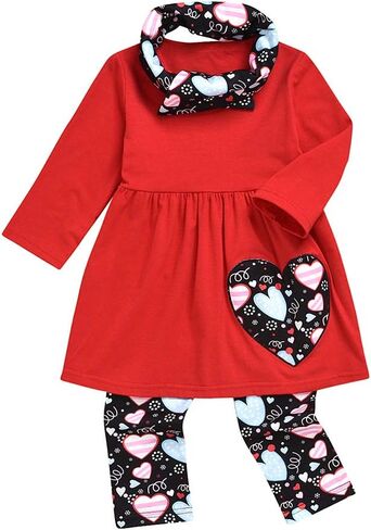Toddler Baby Girl Valentine's Day Outfit Heart Print Long Sleeve T-Shirt Tops+Pants with Scarf Clothes Sets in Kuwait