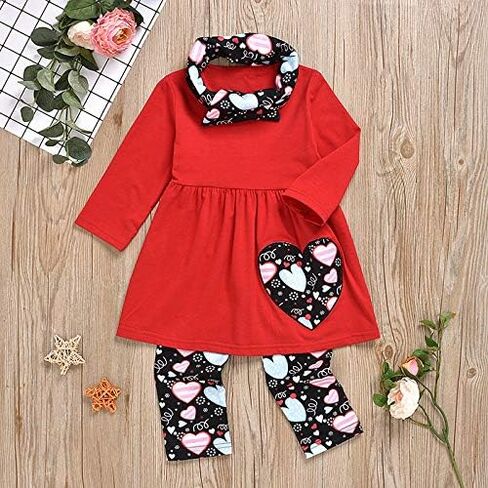 Toddler Baby Girl Valentine's Day Outfit Heart Print Long Sleeve T-Shirt Tops+Pants with Scarf Clothes Sets in Kuwait