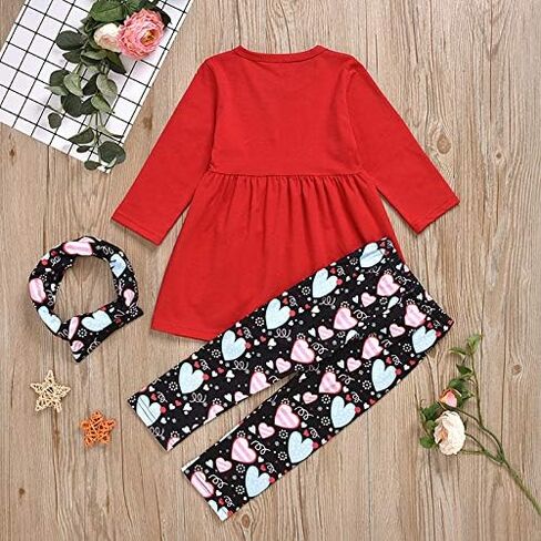 Toddler Baby Girl Valentine's Day Outfit Heart Print Long Sleeve T-Shirt Tops+Pants with Scarf Clothes Sets in Kuwait