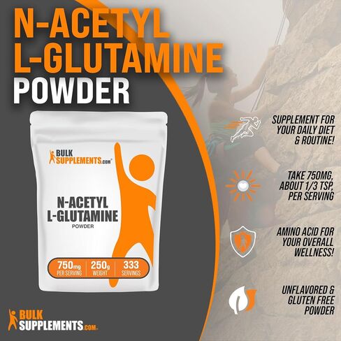 BULKSUPPLEMENTS.COM مسحوق N-Acetyl L-Glutamine - مكمل الجلوتامين، مسحوق الجلوتامين L - صحة وتعافي الأمعاء، جلوتامين 750 مجم - خالي من الغلوتين، 750 مجم لكل وجبة، 100 جم (3.5 أونصة) in Saudi Arabia
